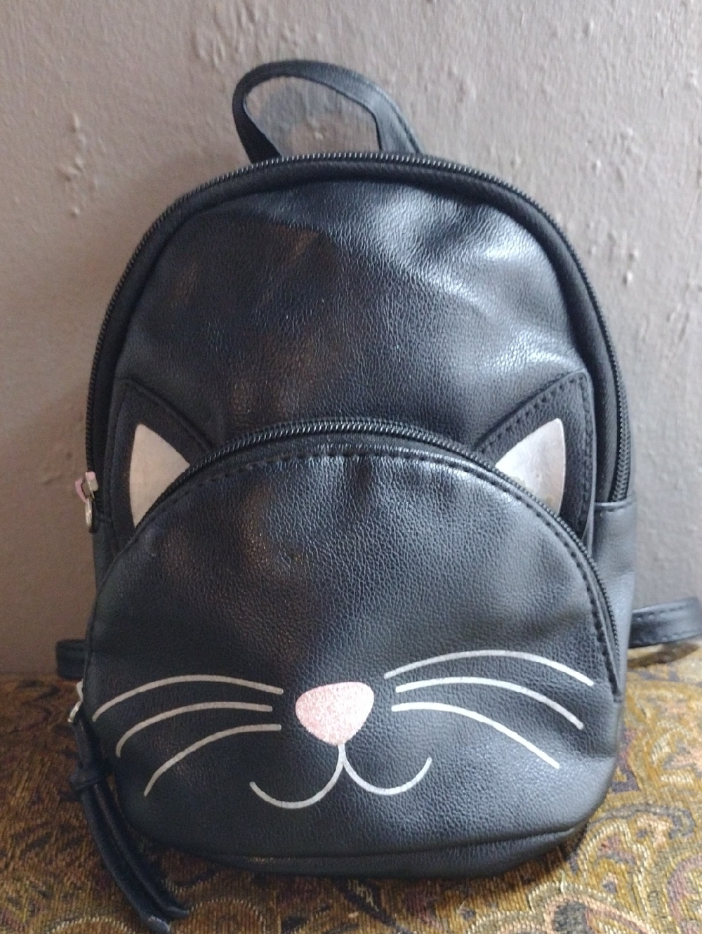 Claire's,Faux Leather,Black Cat Face Mini Backpack - Pink Nose